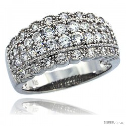 Sterling Silver Vintage Style Curvy Edge Dome Ring Band w/ Brilliant Cut CZ Stones, 3/8 in. (10 mm) wide