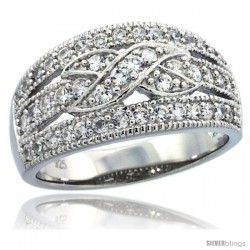 Sterling Silver Vintage Style Ribbon Knot Dome Ring Band w/ Brilliant Cut CZ Stones, 7/16 in. (11 mm) wide