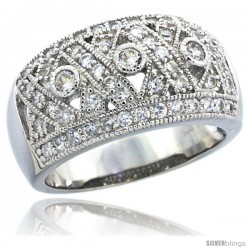 Sterling Silver Vintage Style Crisscross Dome Ring Band w/ Brilliant Cut CZ Stones, 7/16 in. (11 mm) wide