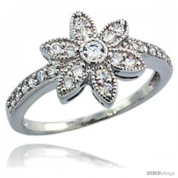 Sterling Silver Vintage Style 6-Petal Flower Ring w/ Brilliant Cut CZ Stones, 1/2 in. (12 mm) wide