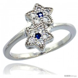 Sterling Silver Double Star Flower Ring w/ Brilliant Cut Clear & Blue Sapphire Color CZ Stones, 1/2 in. (12.5 mm) wide