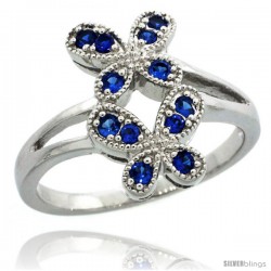 Sterling Silver Double Butterfly Ring w/ Brilliant Cut Blue Sapphire Color CZ Stones, 5/8 in. (16 mm) wide