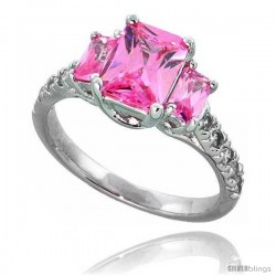 Sterling Silver Vintage Style Engagement ring, w/ two 5 x 3 mm (.25 ct) & one 8 x 6 mm Emerald Cut Pink-colored CZ Stones