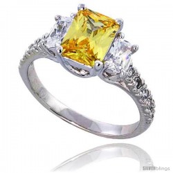 Sterling Silver Vintage Style Engagement ring, w/ two 5 x 3 mm (.25 ct) & one Yellow Topaz-colored 8 x 6 (1.5 ct) Emerald Cut