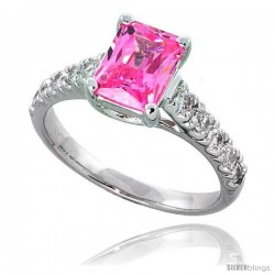 Sterling Silver Vintage Style Engagement ring, w/ an 8 x 6 mm (1.5 ct) Emerald Cut Pink-colored CZ Stone, 5/16" (8 mm) wide