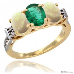 10K Yellow Gold Natural Emerald & Opal Sides Ring 3-Stone Oval 7x5 mm Diamond Accent