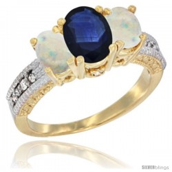 10K Yellow Gold Ladies Oval Natural Blue Sapphire 3-Stone Ring with Opal Sides Diamond Accent