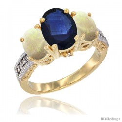 10K Yellow Gold Ladies 3-Stone Oval Natural Blue Sapphire Ring with Opal Sides Diamond Accent