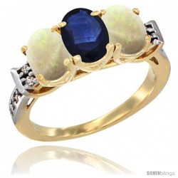 10K Yellow Gold Natural Blue Sapphire & Opal Sides Ring 3-Stone Oval 7x5 mm Diamond Accent