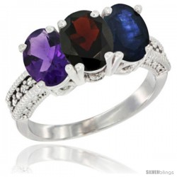 10K White Gold Natural Amethyst, Garnet & Blue Sapphire Ring 3-Stone Oval 7x5 mm Diamond Accent