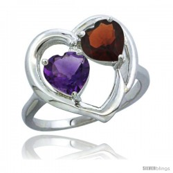 10K White Gold Heart Ring 6mm Natural Amethyst & Garnet Diamond Accent