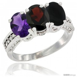 10K White Gold Natural Amethyst, Garnet & Black Onyx Ring 3-Stone Oval 7x5 mm Diamond Accent