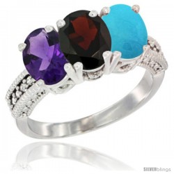 10K White Gold Natural Amethyst, Garnet & Turquoise Ring 3-Stone Oval 7x5 mm Diamond Accent