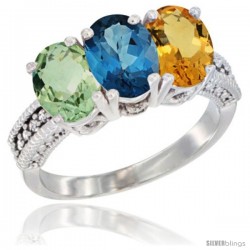 14K White Gold Natural Green Amethyst, London Blue Topaz & Citrine Ring 3-Stone 7x5 mm Oval Diamond Accent