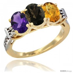 10K Yellow Gold Natural Amethyst, Smoky Topaz & Whisky Quartz Ring 3-Stone Oval 7x5 mm Diamond Accent