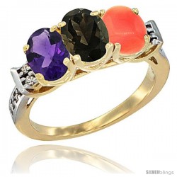 10K Yellow Gold Natural Amethyst, Smoky Topaz & Coral Ring 3-Stone Oval 7x5 mm Diamond Accent