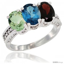 14K White Gold Natural Green Amethyst, London Blue Topaz & Garnet Ring 3-Stone 7x5 mm Oval Diamond Accent