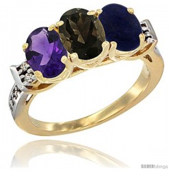 10K Yellow Gold Natural Amethyst, Smoky Topaz & Lapis Ring 3-Stone Oval 7x5 mm Diamond Accent