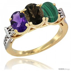 10K Yellow Gold Natural Amethyst, Smoky Topaz & Malachite Ring 3-Stone Oval 7x5 mm Diamond Accent