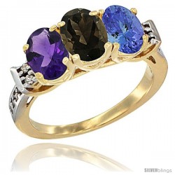 10K Yellow Gold Natural Amethyst, Smoky Topaz & Tanzanite Ring 3-Stone Oval 7x5 mm Diamond Accent