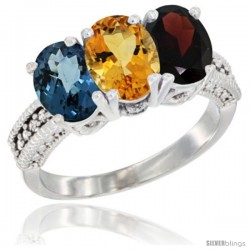 14K White Gold Natural London Blue Topaz, Citrine & Garnet Ring 3-Stone 7x5 mm Oval Diamond Accent