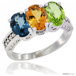 14K White Gold Natural London Blue Topaz, Citrine & Peridot Ring 3-Stone 7x5 mm Oval Diamond Accent