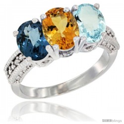 14K White Gold Natural London Blue Topaz, Citrine & Aquamarine Ring 3-Stone 7x5 mm Oval Diamond Accent