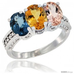 14K White Gold Natural London Blue Topaz, Citrine & Morganite Ring 3-Stone 7x5 mm Oval Diamond Accent