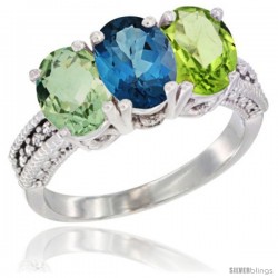 14K White Gold Natural Green Amethyst, London Blue Topaz & Peridot Ring 3-Stone 7x5 mm Oval Diamond Accent