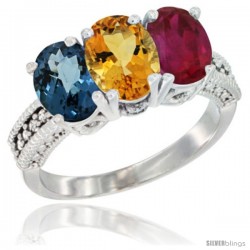 14K White Gold Natural London Blue Topaz, Citrine & Ruby Ring 3-Stone 7x5 mm Oval Diamond Accent