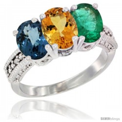 14K White Gold Natural London Blue Topaz, Citrine & Emerald Ring 3-Stone 7x5 mm Oval Diamond Accent