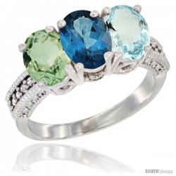 14K White Gold Natural Green Amethyst, London Blue Topaz & Aquamarine Ring 3-Stone 7x5 mm Oval Diamond Accent