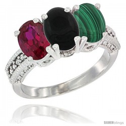 14K White Gold Natural Ruby, Black Onyx & Malachite Ring 3-Stone Oval 7x5 mm Diamond Accent