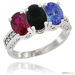 14K White Gold Natural Ruby, Black Onyx & Tanzanite Ring 3-Stone Oval 7x5 mm Diamond Accent