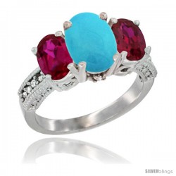 14K White Gold Ladies 3-Stone Oval Natural Turquoise Ring with Ruby Sides Diamond Accent