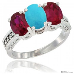 14K White Gold Natural Turquoise & Ruby Sides Ring 3-Stone Oval 7x5 mm Diamond Accent