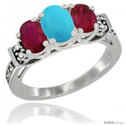 14K White Gold Natural Turquoise & Ruby Ring 3-Stone Oval with Diamond Accent