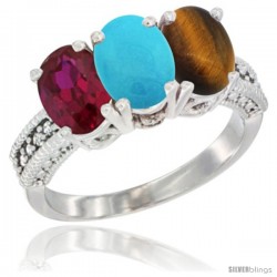 14K White Gold Natural Ruby, Turquoise & Tiger Eye Ring 3-Stone Oval 7x5 mm Diamond Accent