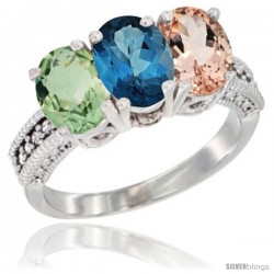 14K White Gold Natural Green Amethyst, London Blue Topaz & Morganite Ring 3-Stone 7x5 mm Oval Diamond Accent