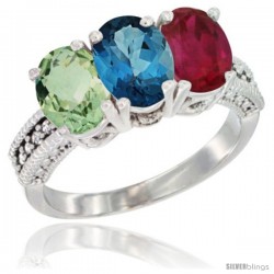 14K White Gold Natural Green Amethyst, London Blue Topaz & Ruby Ring 3-Stone 7x5 mm Oval Diamond Accent