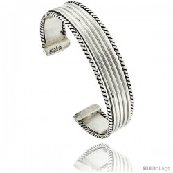 Sterling Silver Ribbed Surface Cuff Bangle Bracelet with Rope Edges 9/16 in wide