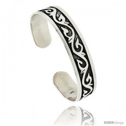 Sterling Silver Flat Cuff Bangle Bracelet with Vine Motif 1/2 in wide