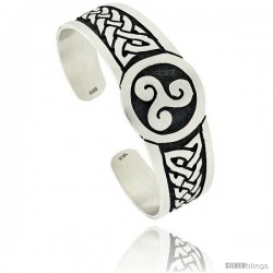 Sterling Silver Flat Cuff Bangle Bracelet with Celtic Knots and Triskele Triple Spiral Symbol 1 in wide