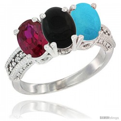 10K White Gold Natural Ruby, Black Onyx & Turquoise Ring 3-Stone Oval 7x5 mm Diamond Accent