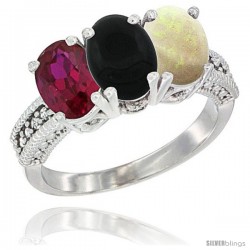 10K White Gold Natural Ruby, Black Onyx & Opal Ring 3-Stone Oval 7x5 mm Diamond Accent