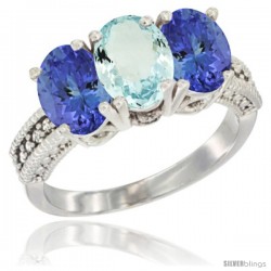 10K White Gold Natural Aquamarine & Tanzanite Sides Ring 3-Stone Oval 7x5 mm Diamond Accent