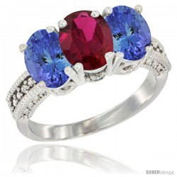 10K White Gold Natural Ruby & Tanzanite Sides Ring 3-Stone Oval 7x5 mm Diamond Accent