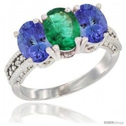 10K White Gold Natural Emerald & Tanzanite Sides Ring 3-Stone Oval 7x5 mm Diamond Accent