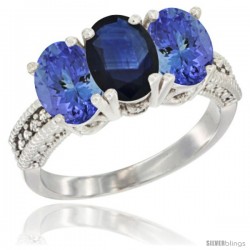 10K White Gold Natural Blue Sapphire & Tanzanite Sides Ring 3-Stone Oval 7x5 mm Diamond Accent