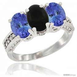 10K White Gold Natural Black Onyx & Tanzanite Sides Ring 3-Stone Oval 7x5 mm Diamond Accent